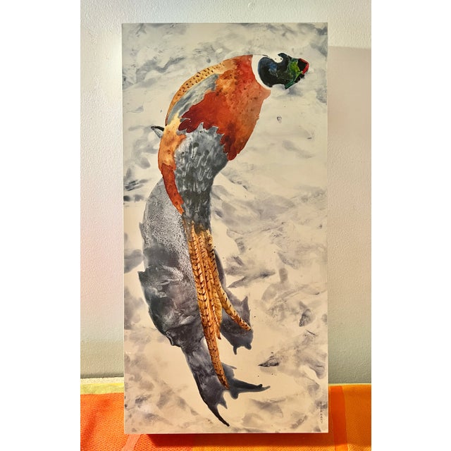 Wood Contemporary Watercolor Painting of a Bird Pheasant, “Lorenzo, Arcing" For Sale - Image 7 of 7