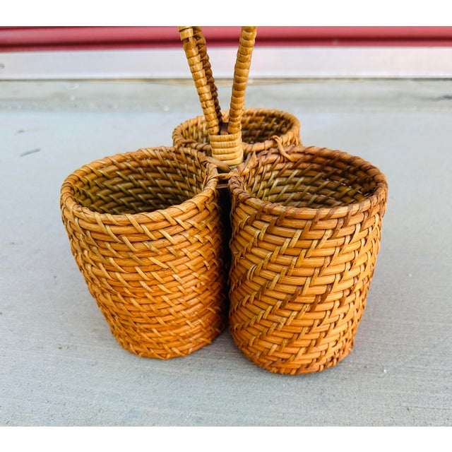 West Elm Vintage Woven Rattan 3 Slot Utensil Holder For Sale - Image 4 of 5