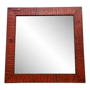 Vintage Chinese Red Linen Wrapped Square Mirror