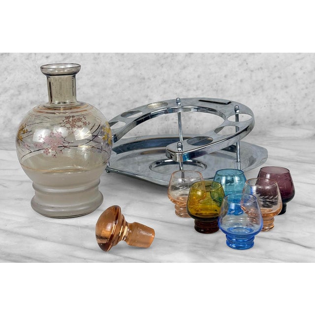 Metal Mid-Century Glass Cherry Blossom Liquor Decanter Serving Set & Etched Shot Glass For Sale - Image 7 of 10