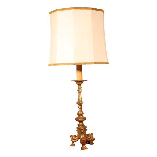 Antique Bronze Table Lamp with Parchment Lampshade, 1700s For Sale