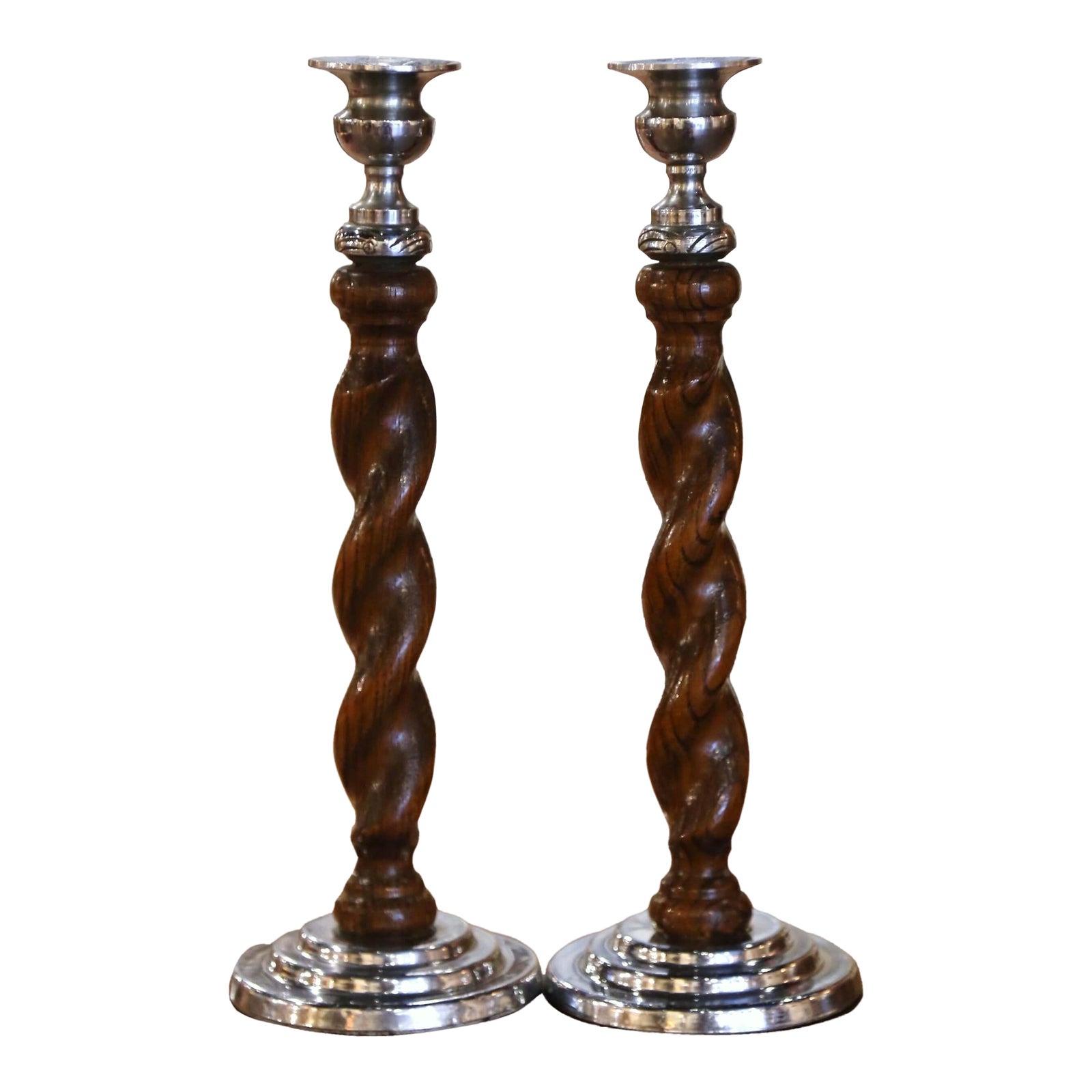 1920's Pair of English Carved Oak and Silverplated Barley Twist