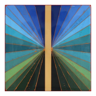 Wiggle Room 41 - Original Blue Green Geometric Minimalist Acrylic and Resin Abstract on Wood Panel For Sale