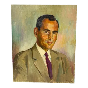 Vintage Oil on Canvas Mid Century Modern Painting of a Dapper Man in Pastel Tones, Artist Signed B. Kondra 1961
