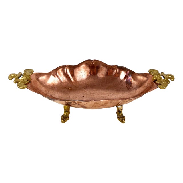 Italian Copper Dish with Brass Handles with Footed Bowl, 1930s For Sale