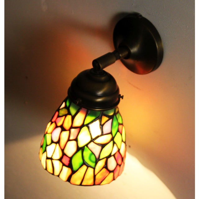 Glass Tiffany Wall Sconce in Stained Glass and Pewter For Sale - Image 7 of 10