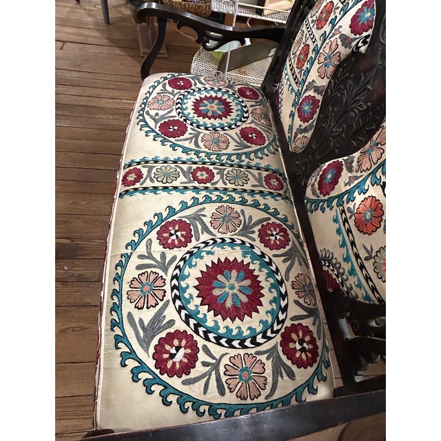 Antique Victorian Style Carved Mahogany Loveseat With Suzani Textile Upholstery For Sale - Image 4 of 18