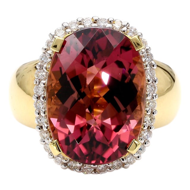 18.75 Carat Cushion Cut Pink Tourmaline & Diamond Halo Set 18k Yellow Gold Ring, Size 8 For Sale