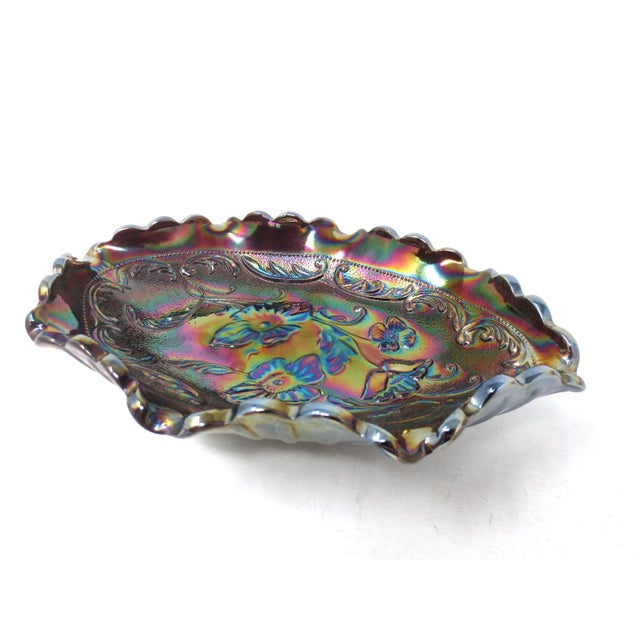 1970s Vintage Fenton Candy Dish Oval Iridescent Carnival Glass Blue Purple Ruffled Bowl Chairish