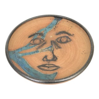 Vintage Ceramic Signed Face Sculpture Bowl Tan, Turquoise, Black For Sale