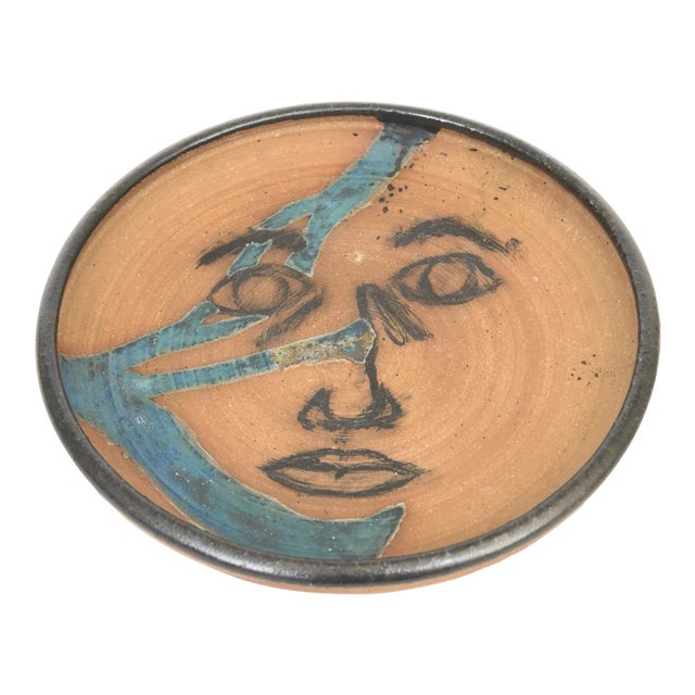 Vintage Ceramic Signed Face Sculpture Bowl Tan, Turquoise, Black For Sale
