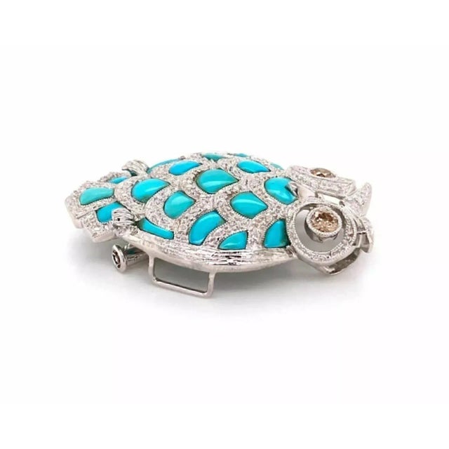 Champagne Diamond Turquoise 18k White Gold Owl Pendant Brooch For Sale - Image 4 of 6