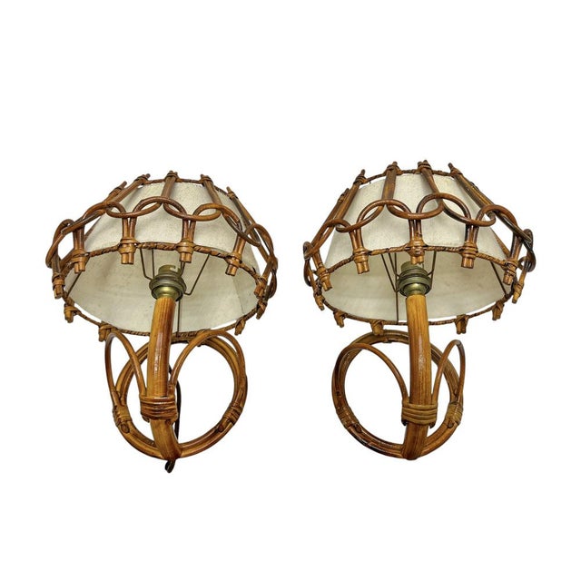 1960s Bamboo and Rattan Wall Lights by Louis Sognot, 1960s, Set of 2 For Sale - Image 5 of 14