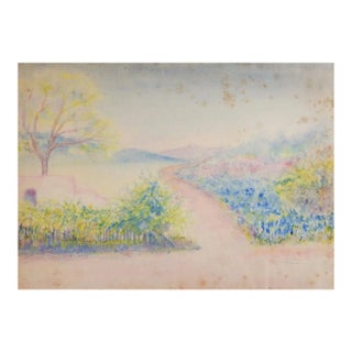 Antique Plein Air Bluebonnet Garden Landscape Watercolor Painting For Sale