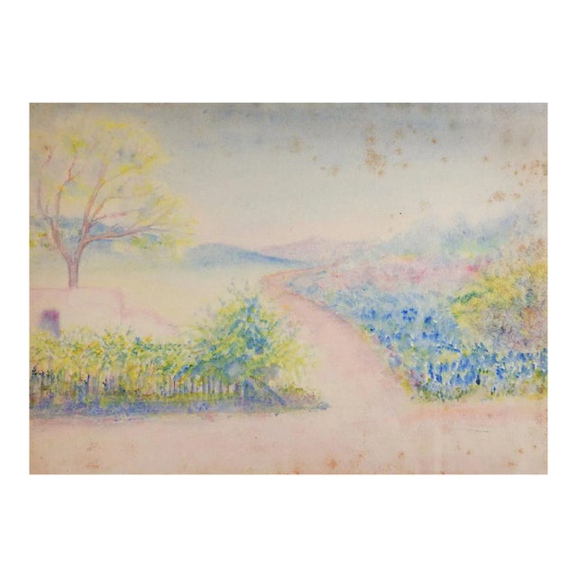 Antique Plein Air Bluebonnet Garden Landscape Watercolor Painting For Sale