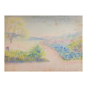 Antique Plein Air Bluebonnet Garden Landscape Watercolor Painting