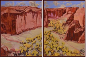 Cottonwoods at Canyon De Chelly' Framed One-of-a-Kind Original Diptych Oil Painting by American Expressionist George Brinner- Set of 2