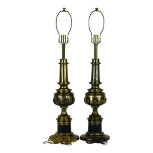 1960's Stiffel Hollywood Regency Gold Brass Acanthus Leaf Detailing Black Enamel Accent Table Lamps - a Pair