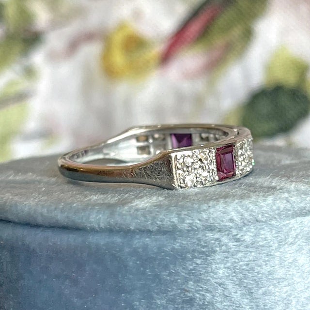 1930s Art Deco Ruby and Diamond Band Ring Half Eternity 18k White Gold Size 9.25 For Sale - Image 4 of 8