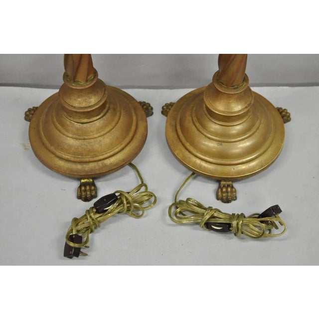 Antique English Renaissance Gothic Patinated Brass Candlestick Table Lamps Pair For Sale - Image 10 of 12