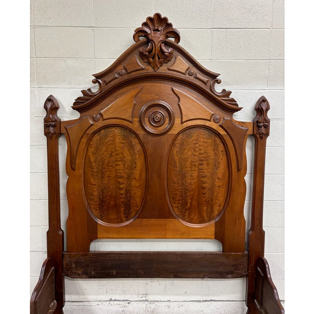 Antique Full Size Victorian Eastlake Carved Walnut and Flame Mahogany Bed For Sale - Image 10 of 14