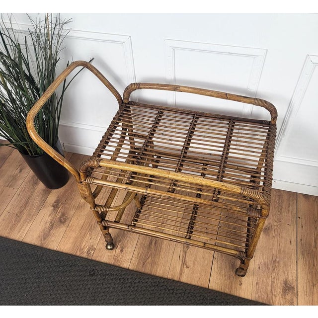 Italian Bohemian French Riviera Bamboo Rattan Bar Cart in the style of Franco Albini, 1970s For Sale - Image 6 of 8