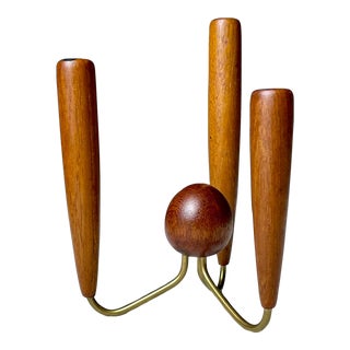 Mid Century Danish Modern Luthje Style Teak and Brass 3-Candle Candelabra For Sale