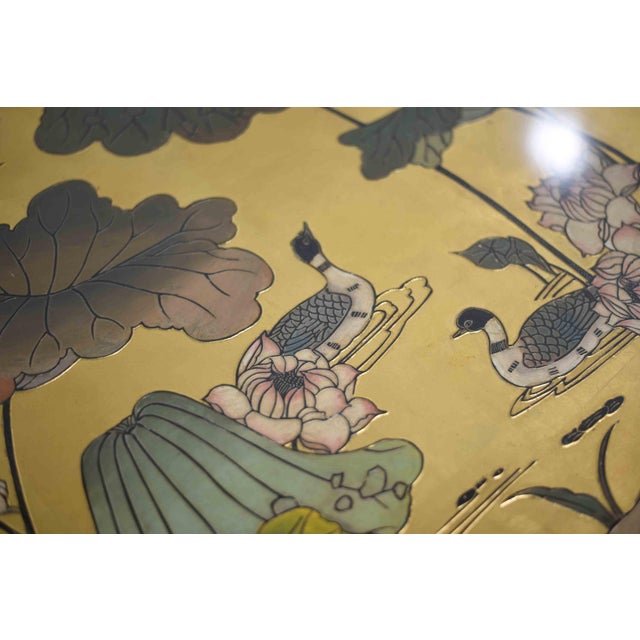 Mid Century Chinoiserie Gold Lotus & Birdlife Motif Coffee Table For Sale - Image 9 of 15