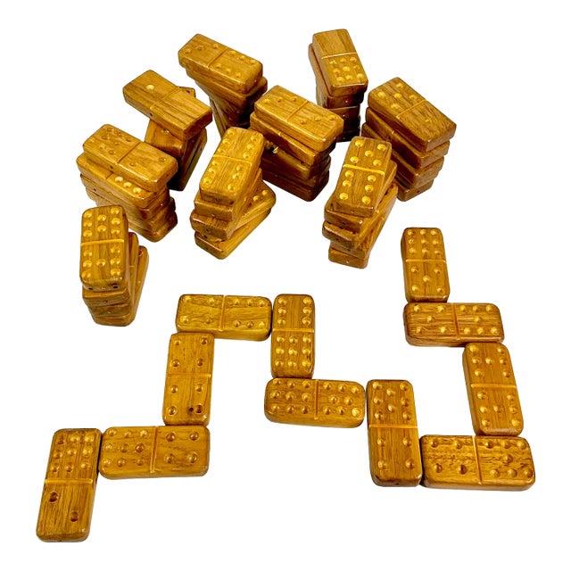 1980s Vintage Arts & Crafts Folk Art Hand Carved Oak Jumbo Dominos Double-Nine Set - 55 Pieces For Sale