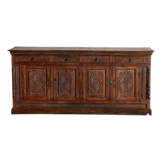 Antique Hand-Carved Long Sideboard – Rustic Wood Credenza Tv Console 88x40 For Sale