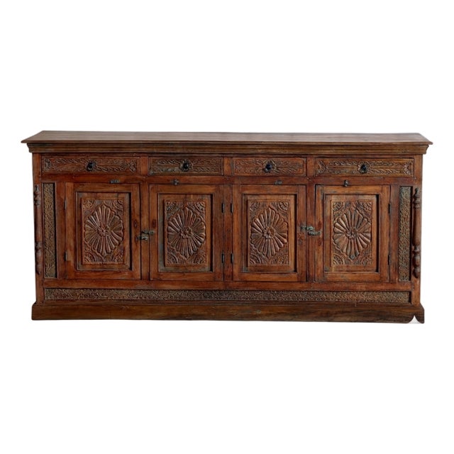 Antique Hand-Carved Long Sideboard – Rustic Wood Credenza Tv Console 88x40 For Sale