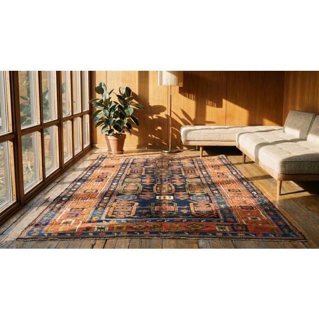 Navy Blue 1930s Blue Navy Geometric Tribal Antique Persian Kurdish Rug 4'9" X 6'10" Hand Knotted Wool Carpet For Sale - Image 8 of 8