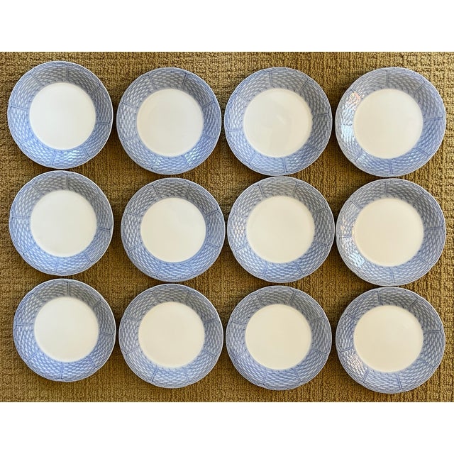 Mid 20th Century English Porcelain Blue and White Basketweave Plates for Salad, Cake or Hors d'Oeuvres - Set of 12 For Sale - Image 14 of 16