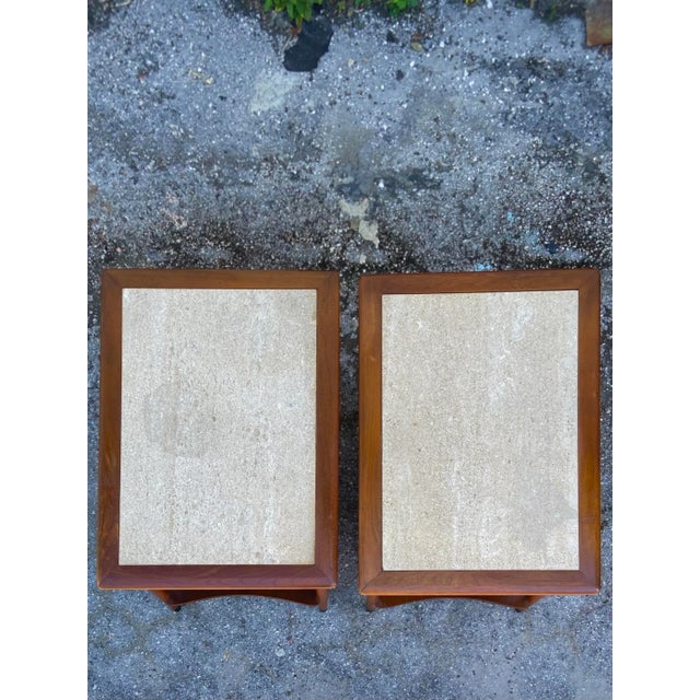 Pair of Lane Perception Style Basketweave Side Tables or Nightstands | Inset Travertine Top For Sale - Image 11 of 11
