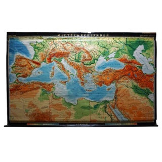 Vintage Rollable Map Mediterranean Countries Wall Chart Mural Poster, 1970s For Sale