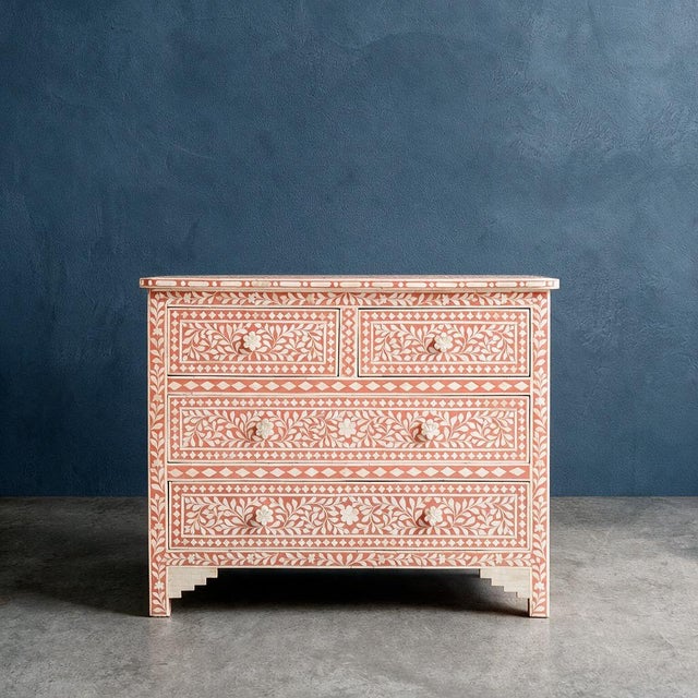 Arabesque Bone Inlay Four-Drawer Chest – Coral Pink by House of Jaipur For Sale - Image 4 of 6