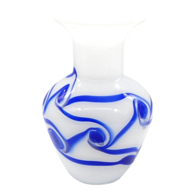Vinatge Murano Style Abstract White Blue Swirl Glass 10" Vase For Sale