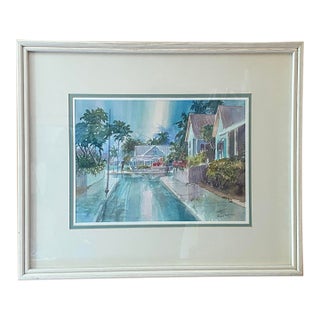 Irma Quigley Original Watercolor Key West Rainy Street Signed Framed Matted For Sale