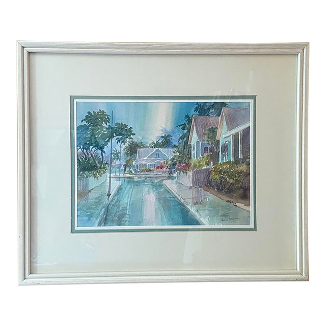 Irma Quigley Original Watercolor Key West Rainy Street Signed Framed Matted For Sale