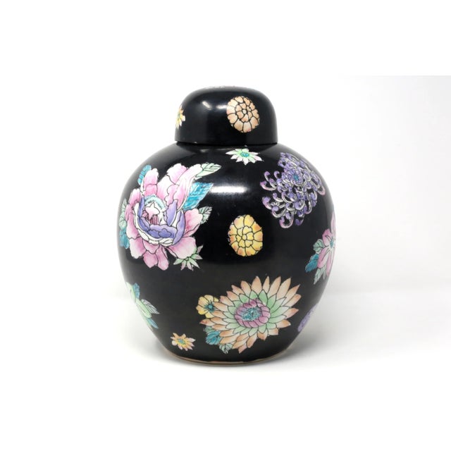 Black Hand-Painted Ginger Jar With Flowers For Sale - Image 11 of 11