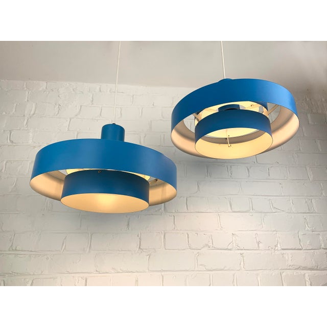 Mid-Century Modern Blue Equator Pendant Lamps by Jo Hammerborg for Fog & Mørup, 1968, Set of 2 For Sale - Image 3 of 16