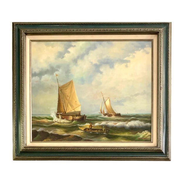Early 20th Century Nautical Oil Painting, Boats on Fishing Trip, Signed E. Ponthier, Framed, 31"w For Sale - Image 9 of 9