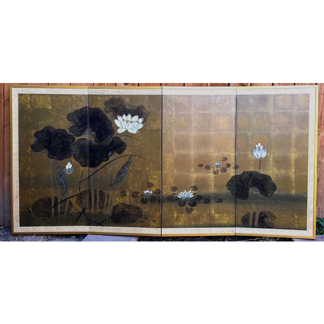 Wood Vintage Japanese Byobu With Painted Lotus Flowers 4 Panels Folding Screen For Sale - Image 7 of 16