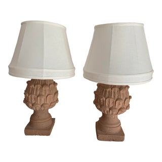 Pair of Vintage Terracotta Artichoke Table Lamps/Custom Silk Lamp Shades For Sale