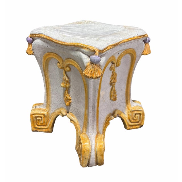 Vintage Italian Majolica Pottery Neoclassical Style Garden Seat. Features Greek key feet