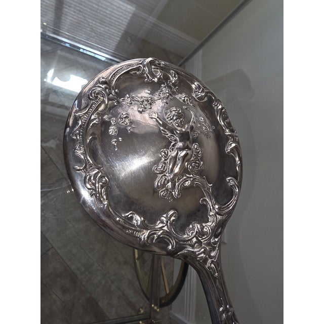 Silver Silverplated Hand Mirror Decorated With a Cherub For Sale - Image 8 of 10