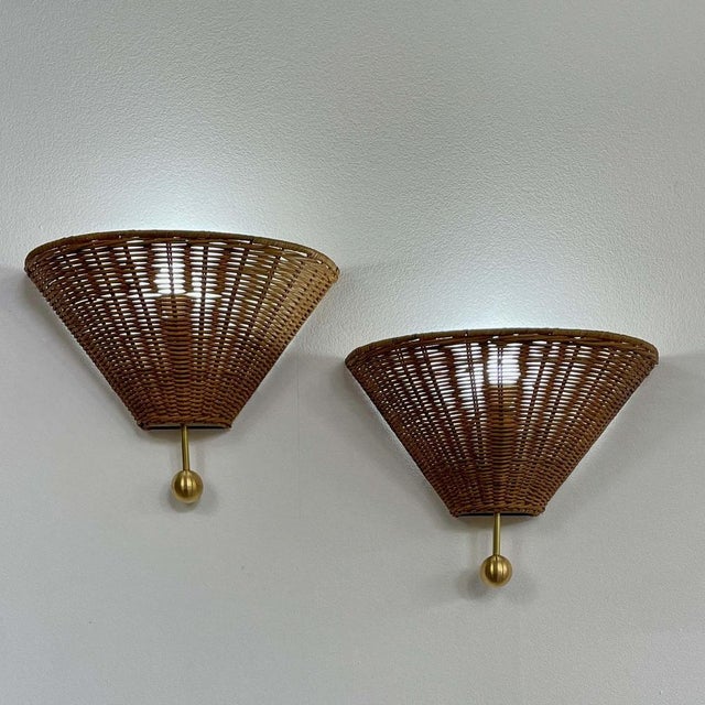 Mid-Century Rattan and Brass Wall Lights, Austria, 1960s, Set of 2 For Sale - Image 9 of 17