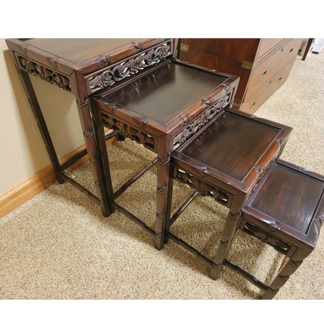 Wood Antique Carved Chinese Rosewood Four Nesting Tables For Sale - Image 7 of 11