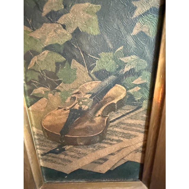 Gold Vintage 1970s French Provincial Style Violin Still Life Paintings in Giltwood Frames - a Pair For Sale - Image 8 of 10