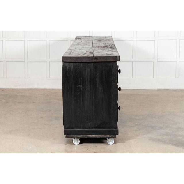 circa 1850 Monumental 19thC English Country House Elm & Pine Kitchen Scullery Island 5cm Thick Solid Elm Top and Ebonised...